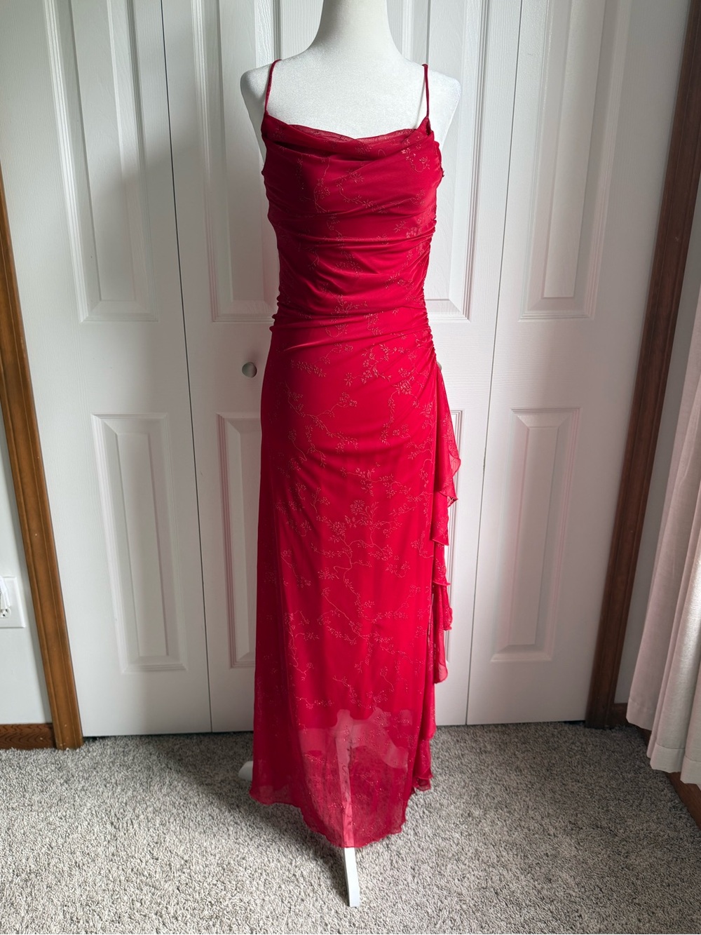 Vintage Y2K red asymmetrical maxi dress w sparkly floral embroidery size S